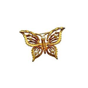 Vintage Butterfly Pin Brooch Insect Gold Tone and Faux Pearls Openwork Design